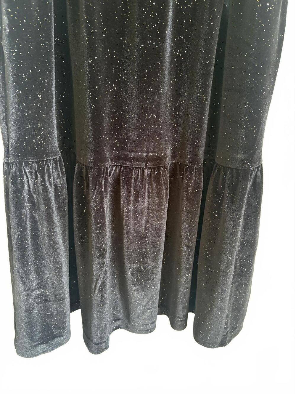 J.Crew | Black Gold Flecks Sleeveless Crushed Velvet Ruffle Neck Midi Dress Sz 8 - Picture 5 of 9